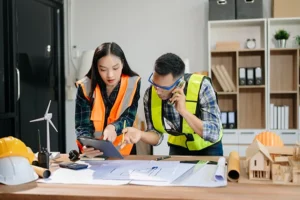 Engineering team planning housing inspection digitization using tablet and blueprints for digital workflow implementation