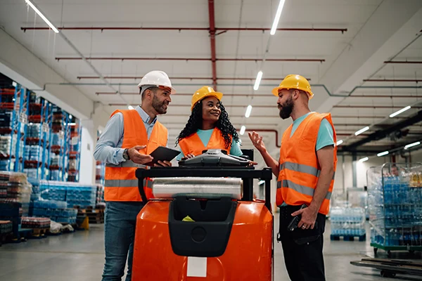 Warehouse team implementing IoT and equipment inspections using digital devices for real-time asset monitoring and maintenance