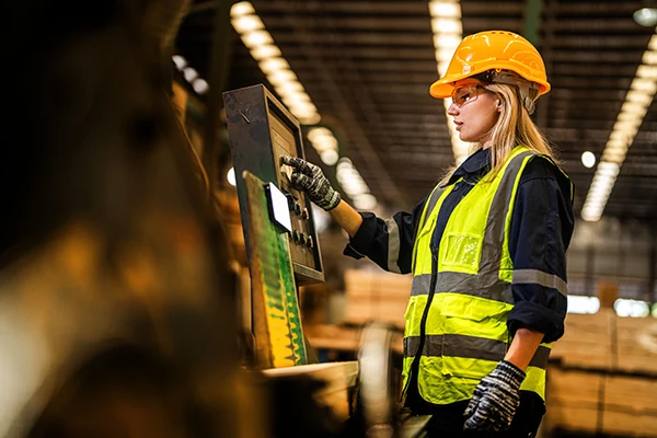 Female worker preventing manufacturing equipment failures through digital quality control inspection in industrial facility