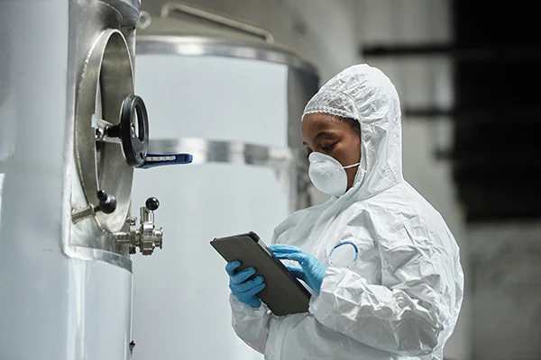 Female supervisor conducting manufacturing quality inspections using digital tablet in sterile cleanroom manufacturing facility