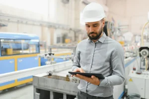 Manufacturing supervisor in hard hat using digital tablet for audit-ready compliance monitoring on production line