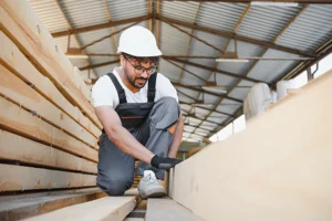 Construction worker conducting safety inspection to reduce injury risk by checking wooden planks for defects and hazards