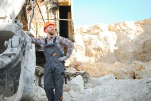Mining worker at quarry site where standardized global inspections ensure consistent equipment reliability and safety compliance