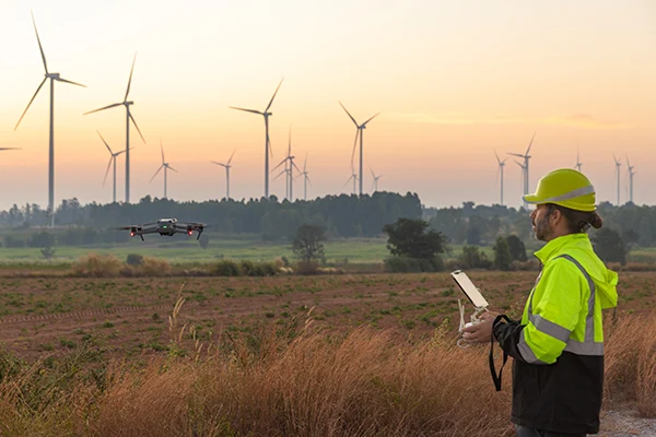 technician inspecting outdoors with drone in fall field eagle